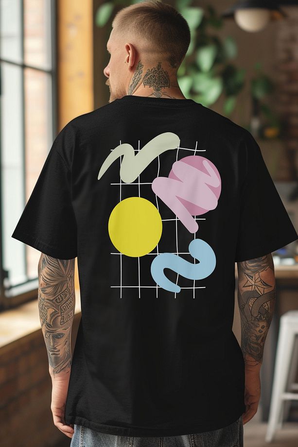 Eazy Siyah Abstract Shapes Unisex Oversize Baskılı Kısa Kollu T-shirt - 1
