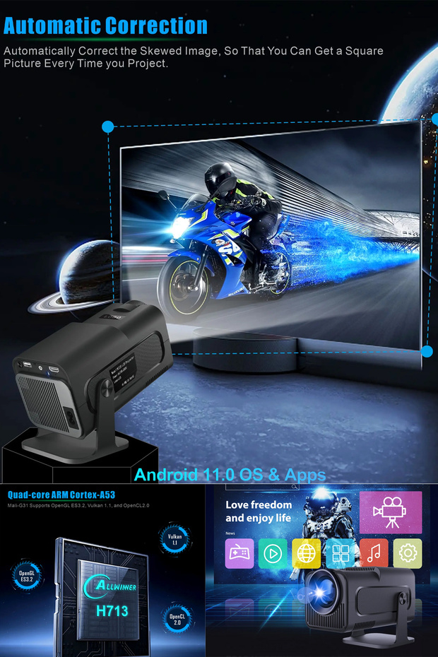 Taşınabilir Sinema Projektörü 1280 * 720P  Bluetooth Android 11 Akıllı Siyah Projeksiyon Wifi - 4