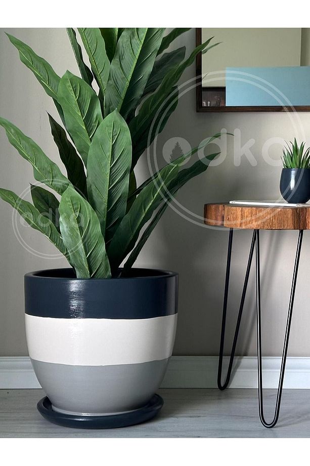 10litre Saksı Tabaklı Çap: 25cmx Yükseklik: 23cm Antrasit Ekru Granit - 3