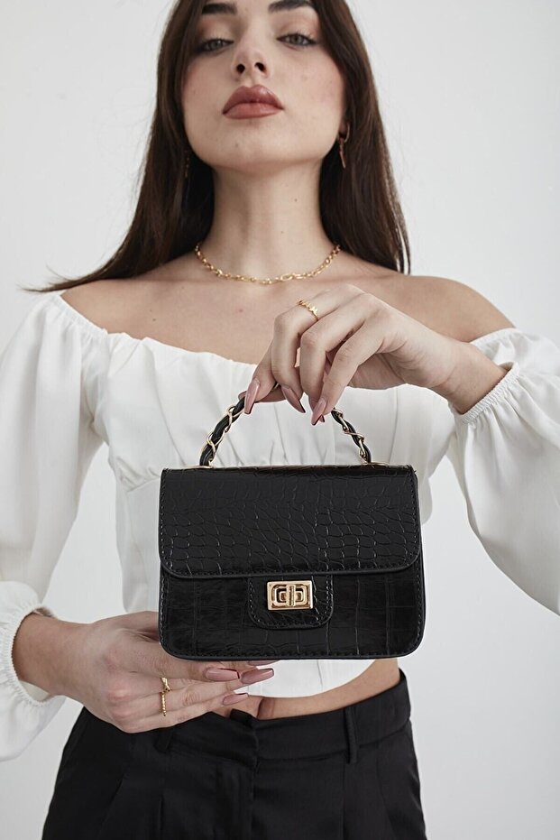 Women's Black Crocodile Patterned Mini Shoulder Bag