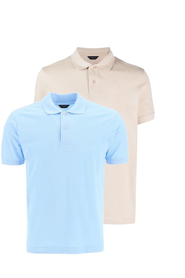 Blue - Beige 2-Piece 100% Cotton Regular Cut Men's Polo Collar T-Shirt