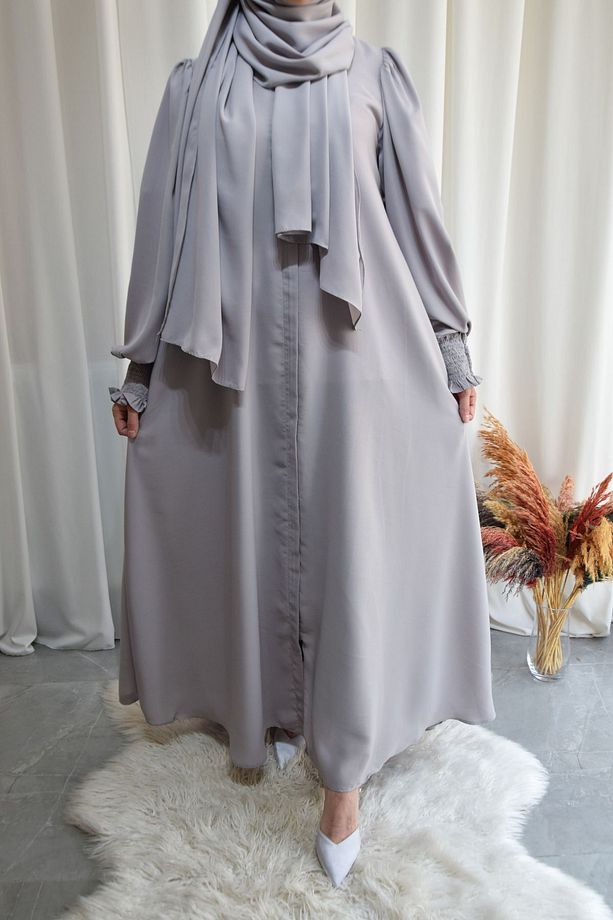 Model Erva Medine İpeği Balon Kollu Ferace (ŞALSIZ) - Taş Rengi - ERVA01007 - 2