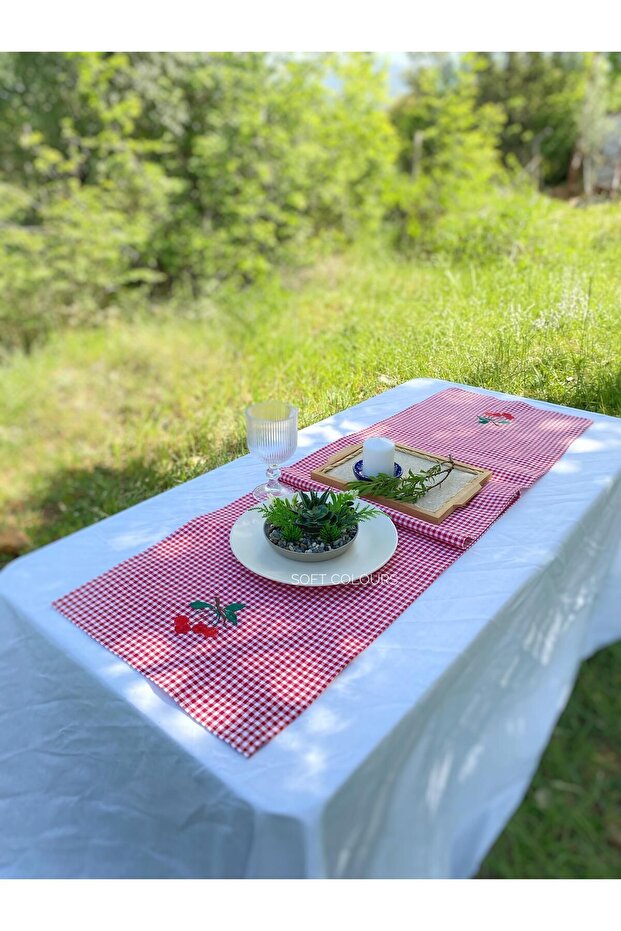 Authentic Retro Red Gingham Cherry Embroidered Runner 40X170Cm