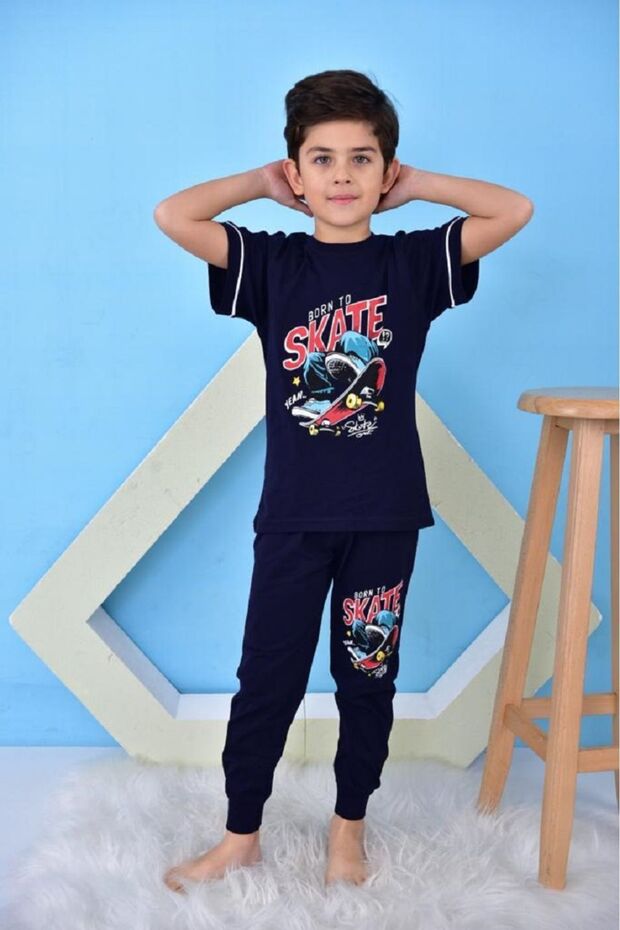 Short Sleeve Six Long Cycling Collar Skate Navy Blue Printed Boys' Pajama Set