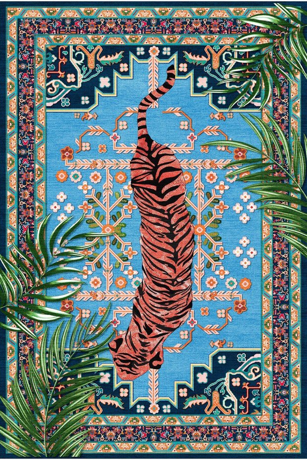 Mira 1112 Blue Leopard Ethnic and Botanical Themed Woven Base Carpet