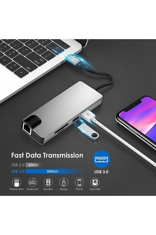 Fc09 Type-c To Hdmı Rj45 Type-c Sd Kart Usb 3.0 X 2 Vga Macbook Uyumlu 8in1 Çevirici Adaptör - 5