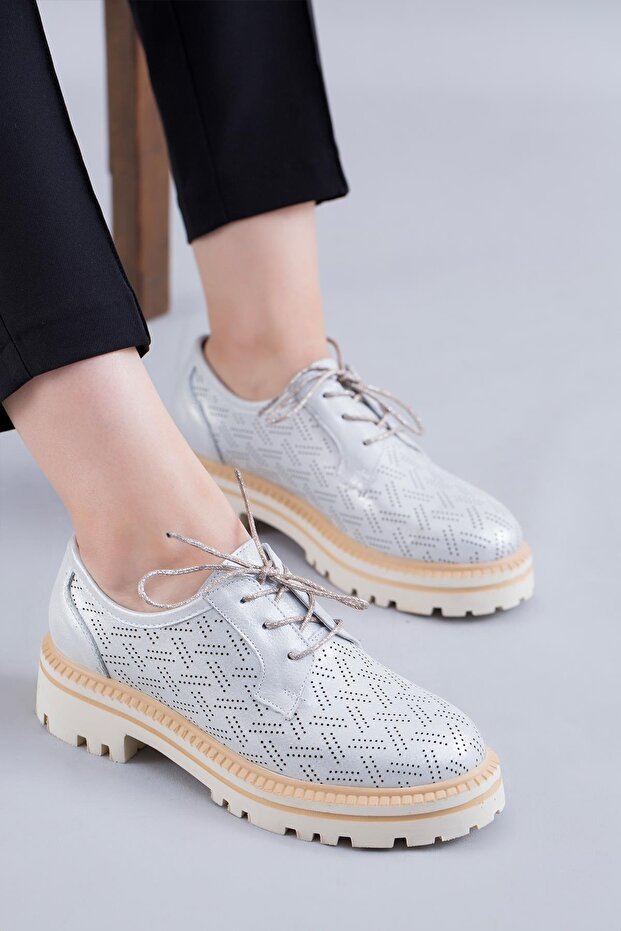 Lotti̇e Genuine Leather Orthopedic Women's Daily Shoes Silver
