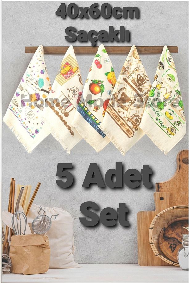 Store 100% Pamuk 5 Adet 40x60cm Saçaklı Baskılı Mutfak Ve El Havlusu Ceyiz Seti - 1
