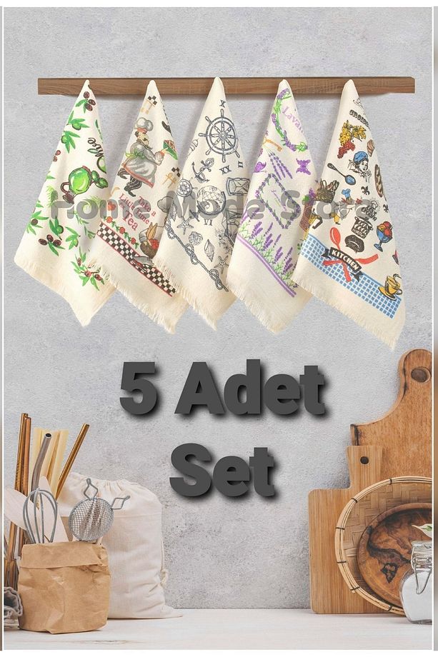 Store 100% Pamuk 5 Adet 40x60cm Saçaklı Baskılı Mutfak Ve El Havlusu Ceyiz Seti - 2