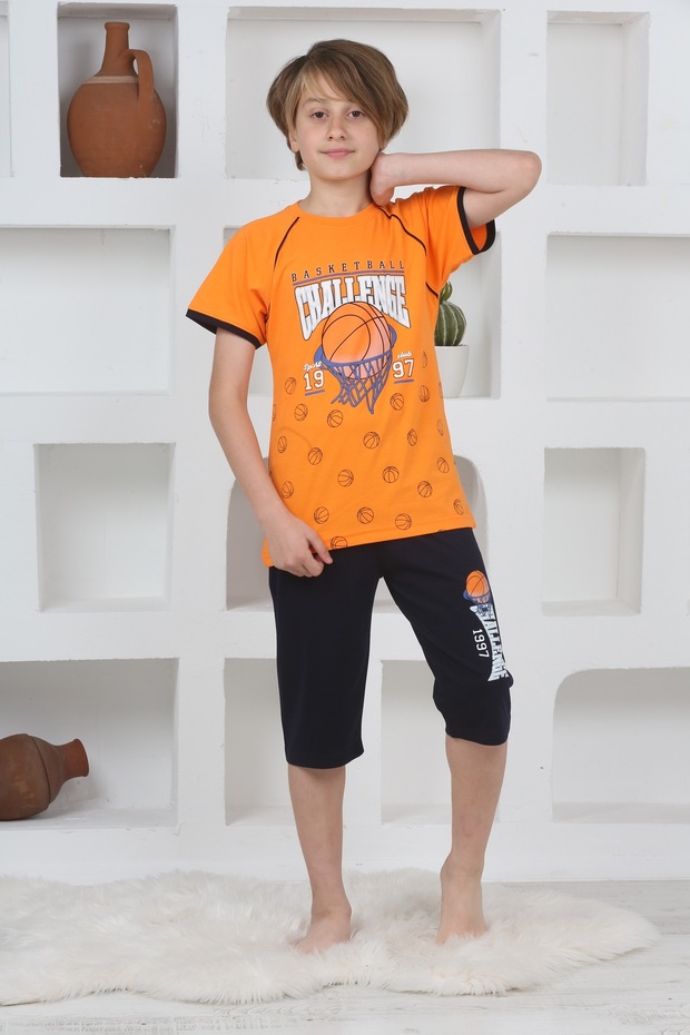 Boy's Short Sleeve Capri Crew Neck Printed Orange Color Pajama Set