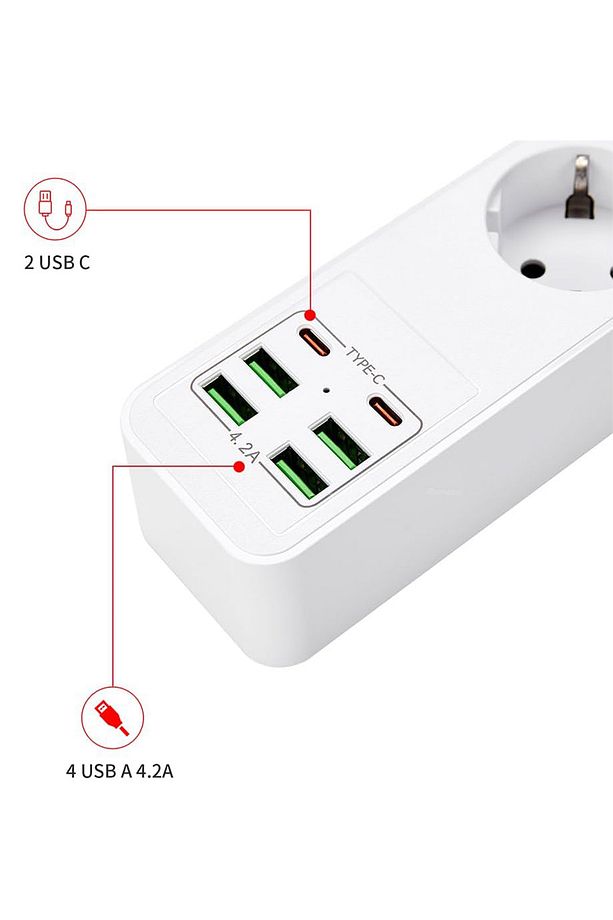 Yeni Nesil 3lü Grup Priz 2.0 Metre 2 Adet Type-C ve 4 Adet USB Girişli Universal Çoklu Priz - 6
