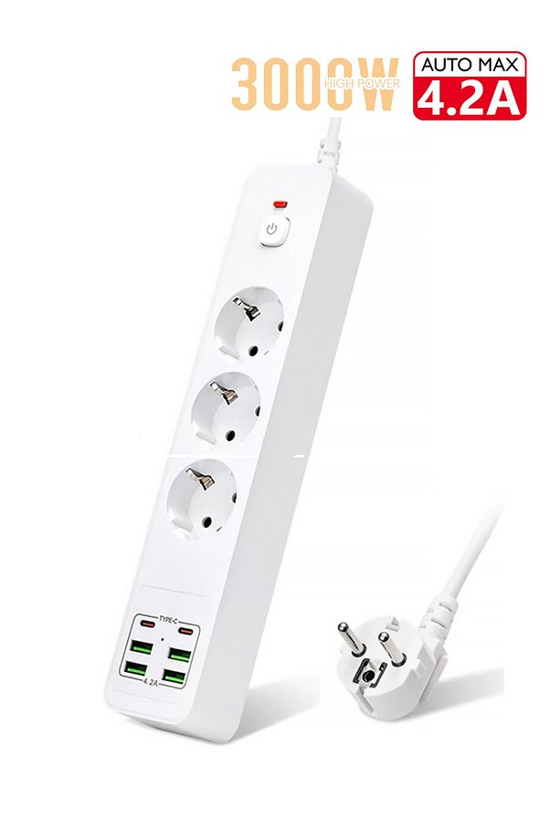 Yeni Nesil 3lü Grup Priz 2.0 Metre 2 Adet Type-C ve 4 Adet USB Girişli Universal Çoklu Priz - 1
