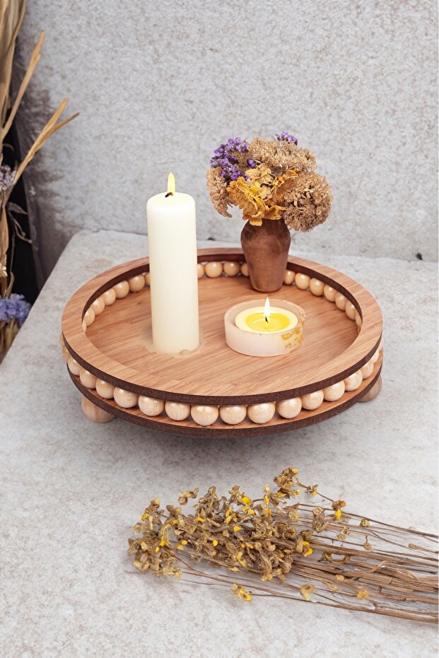 25 cm Round Wooden Beaded Decorative Tray - for Bathroom, Home, Decor