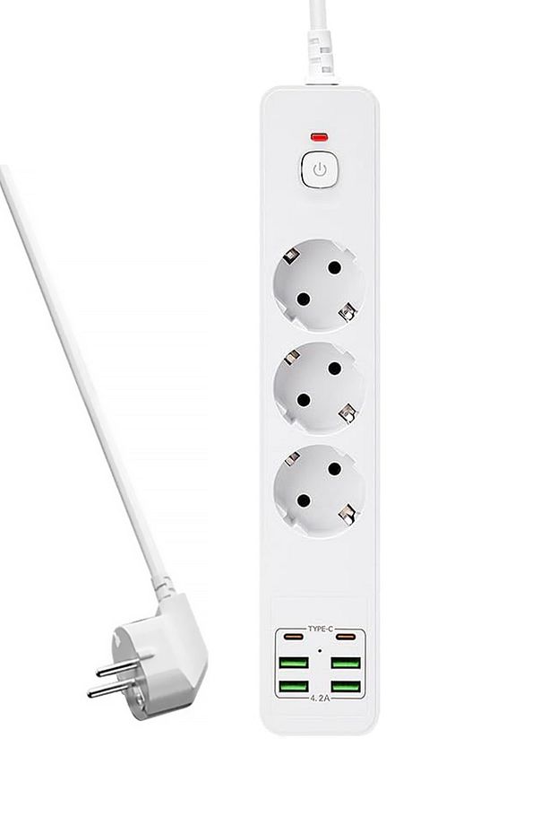 Yeni Nesil 3lü Grup Priz 2.0 Metre 2 Adet Type-C ve 4 Adet USB Girişli Universal Çoklu Priz - 3