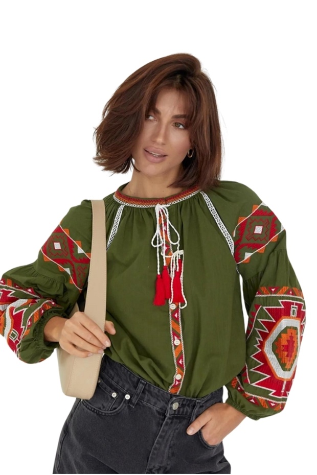 Women's Green Geometric Ethnic Embroidery Embroidered Cotton Vintage Blouse