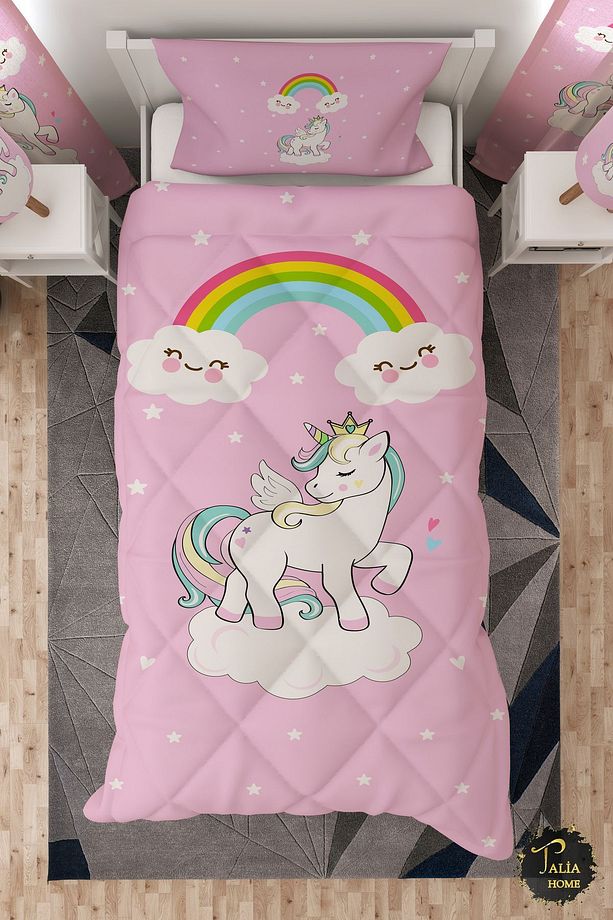 Unicorn Desenli Unicornlu Tek Kişilik Çocuk Yorganı Uyku Seti - 1