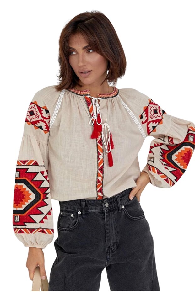 Women's Green Geometric Ethnic Embroidery Embroidered Cotton Vintage Blouse