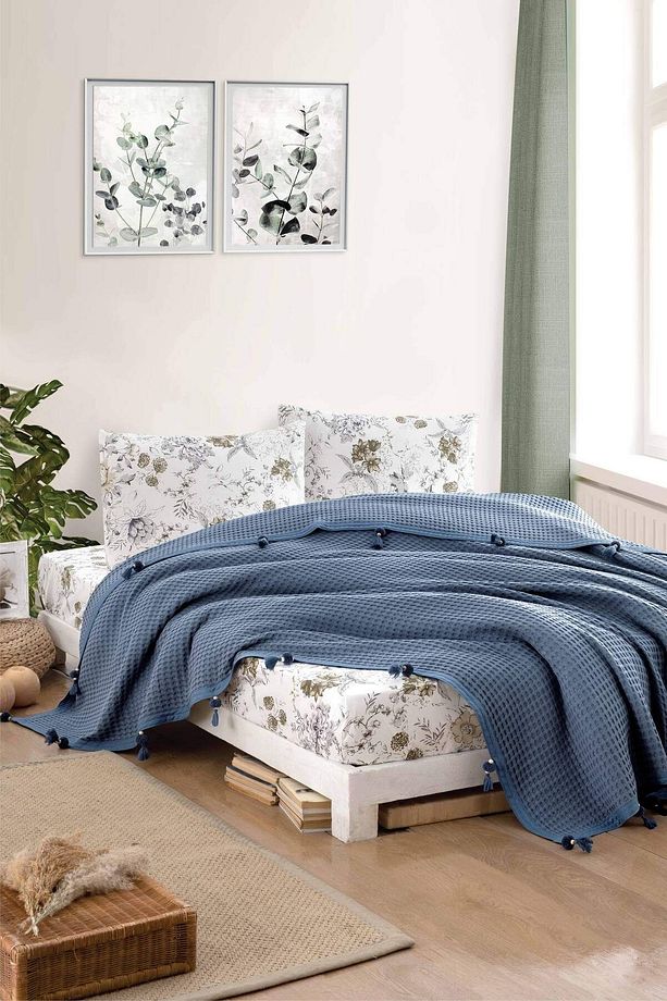 %100 Pamuklu Çift Kişilik Yatak Örtüsü Pike, Waffle Desen Ponponlu Indigo Pike - 1