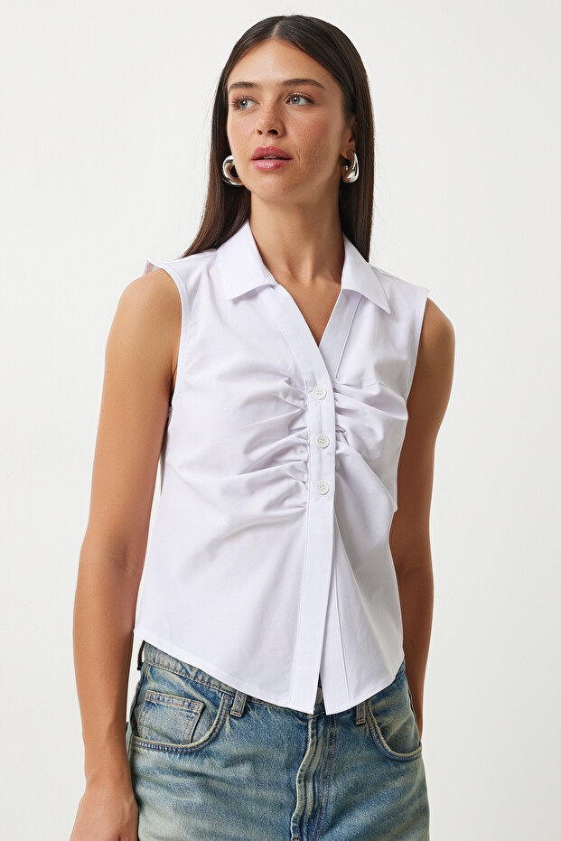 Women's White Drawstring Detail Sleeveless Shirt Ul00030