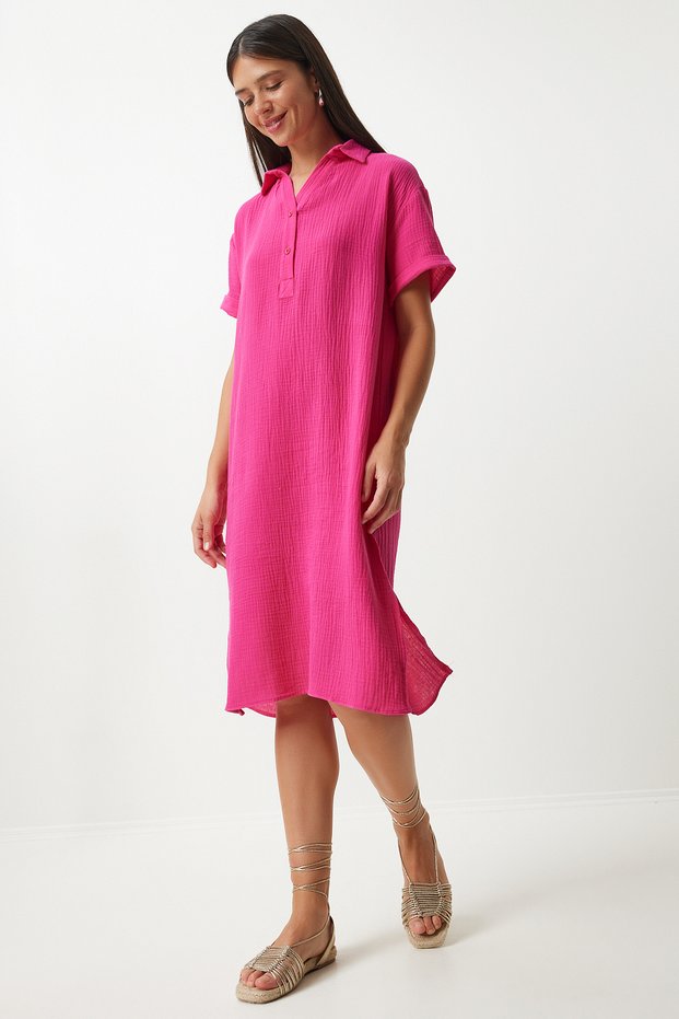 Dark Pink Polo Collar Muslin Dress - Summer Loose TO00135