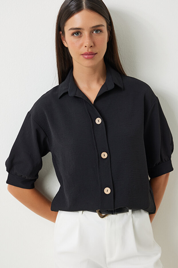 Women's Black Balloon Sleeves Linen Ayrobin Shirt Dd01321
