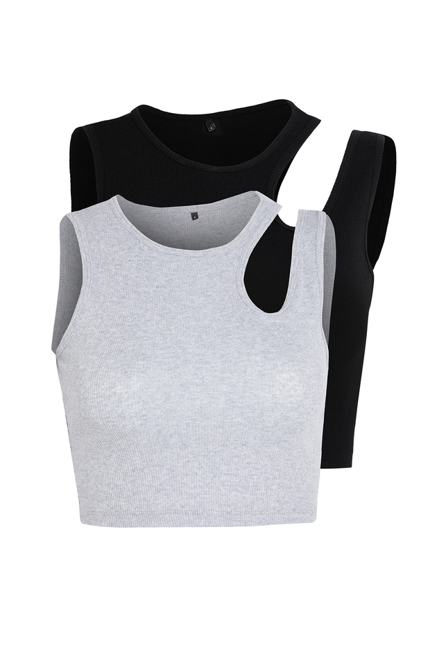 Siyah-gri melanj 2'li Paket Cut Out Detaylı Fitted Crop Fitilli Esnek Örme Atlet TWOSS23AL00006 - 6