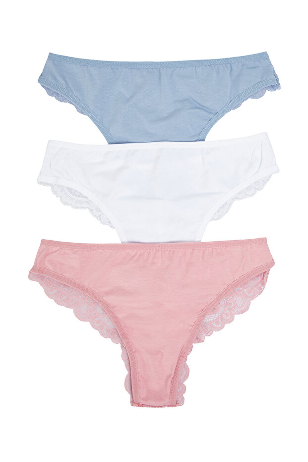 Pembe-Çok Renkli 3'lü Paket Dantel Detaylı Tanga Örme Külot THMAW21KU0012 - 14
