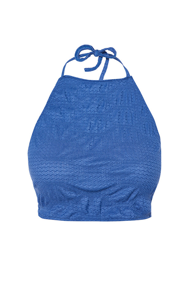 Indigo Dokulu Crop Boyundan Bağlamalı Esnek Örme Bluz TWOSS24BZ00602 - 6