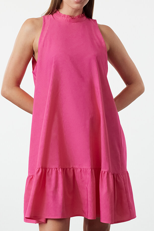 Pembe Rahat Kesim Kolsuz Mini Dokuma Elbise TWOSS22EL00139 - 4