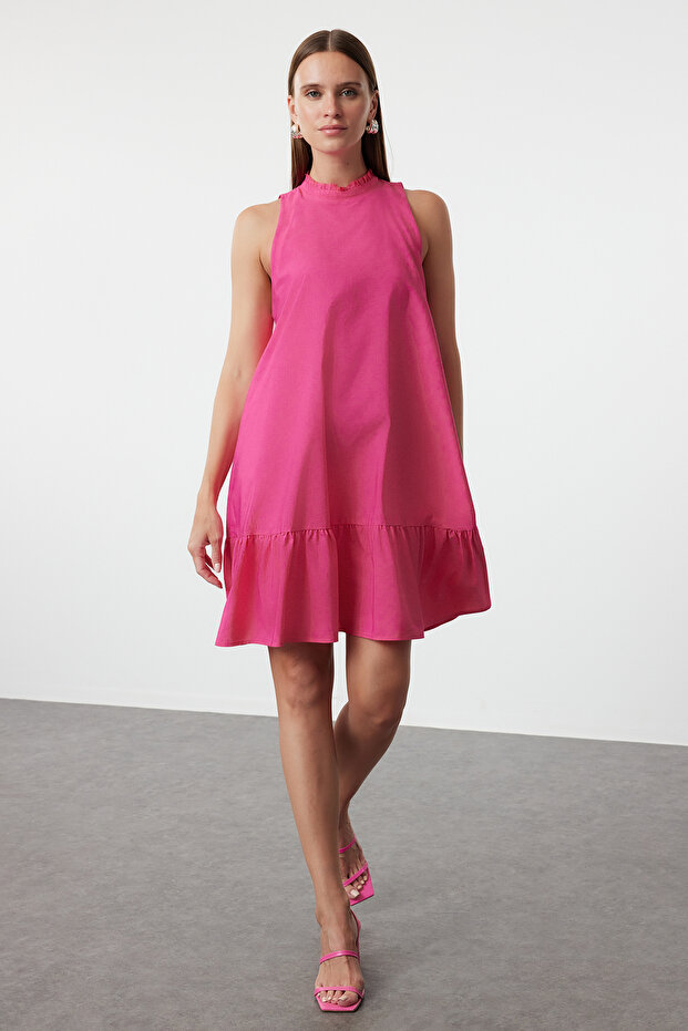 Pembe Rahat Kesim Kolsuz Mini Dokuma Elbise TWOSS22EL00139 - 1