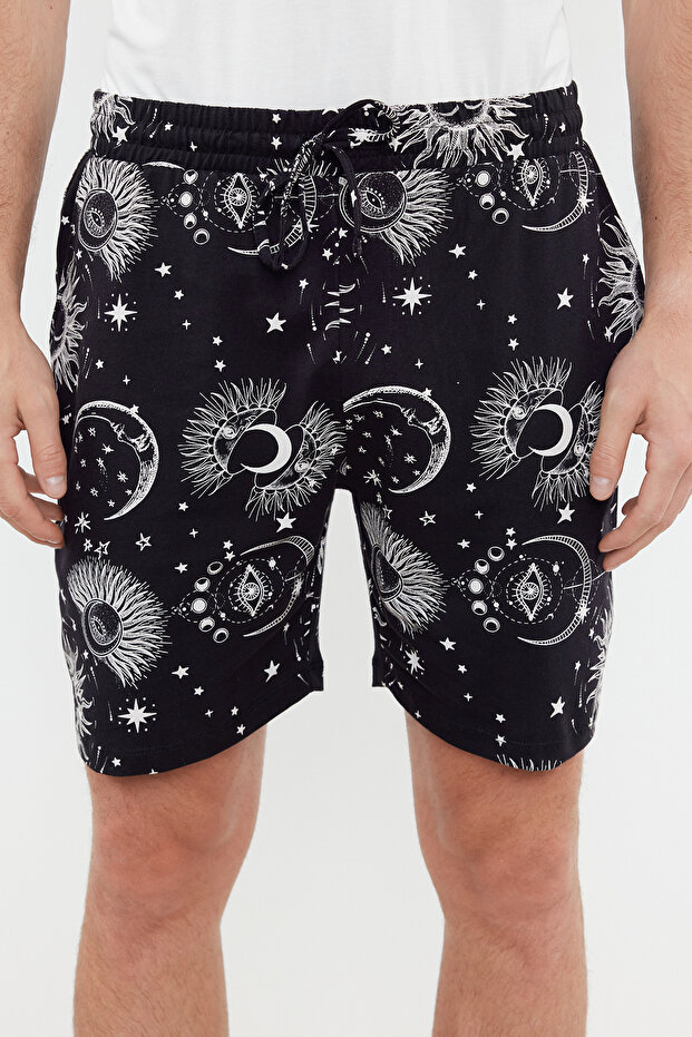 Ekru Siyah Baskılı Regular Couple/Çift Örme Şortlu %100 Pamuklu Erkek Pijama Takımı TMNSS24PT00018 - 4