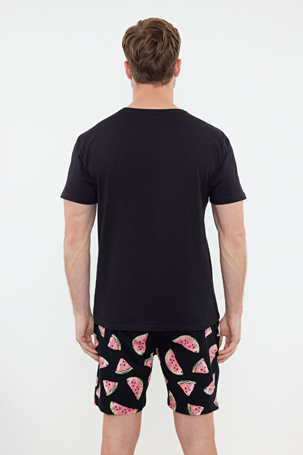 Siyah Couple/Çift Regular Fit Karpuz Desenli %100 Pamuklu Şortlu Erkek Pijama Takımı TMNSS24PT00050 - 5