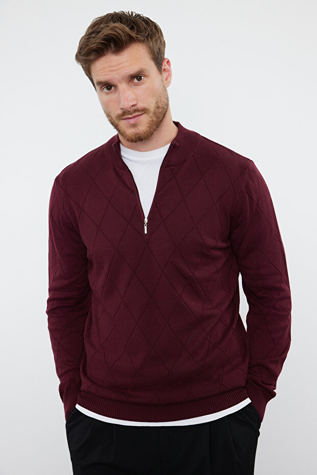 Bordo Regular Fit Pamuklu Yarım Balıkçı Fermuarlı Yaka Smart Triko Kazak TMNAW23KZ00215