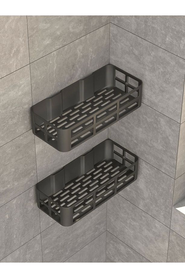 Yapışkanlı Banyo Düzenleyici 2 Adet Banyo Rafı Şampuanlık Sabunluk Mat Siyah Duş Askısı Rafı - 4