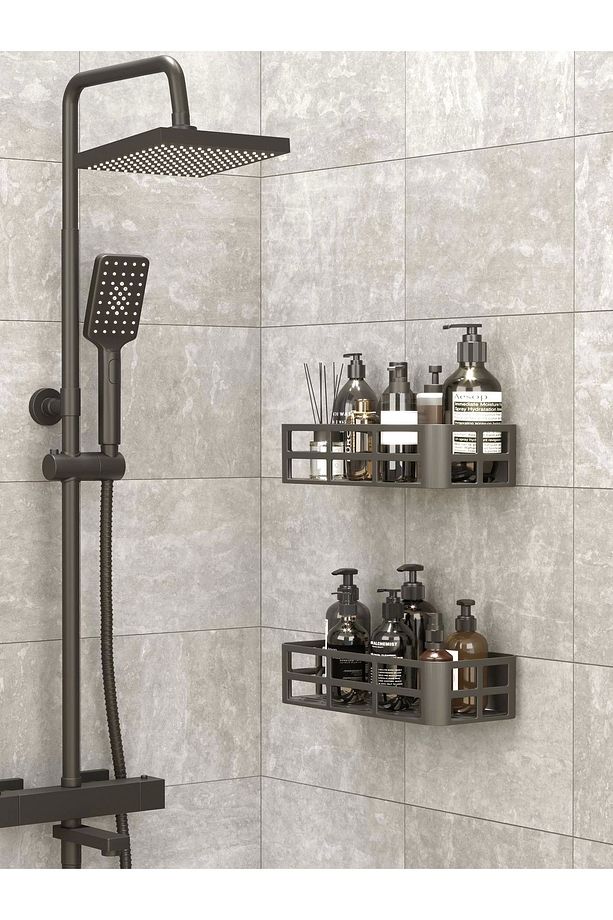 Yapışkanlı Banyo Düzenleyici 2 Adet Banyo Rafı Şampuanlık Sabunluk Mat Siyah Duş Askısı Rafı - 1