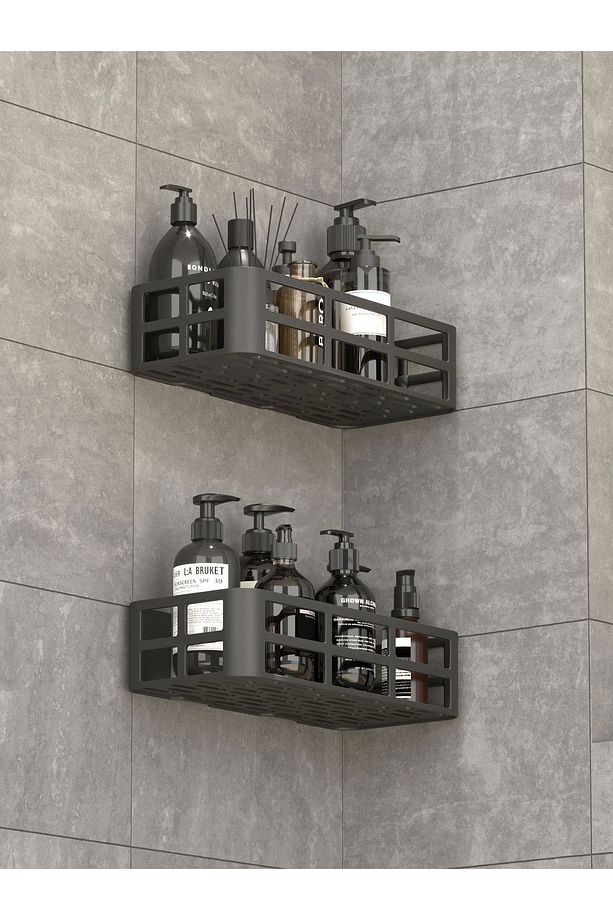 Yapışkanlı Banyo Düzenleyici 2 Adet Banyo Rafı Şampuanlık Sabunluk Mat Siyah Duş Askısı Rafı - 3
