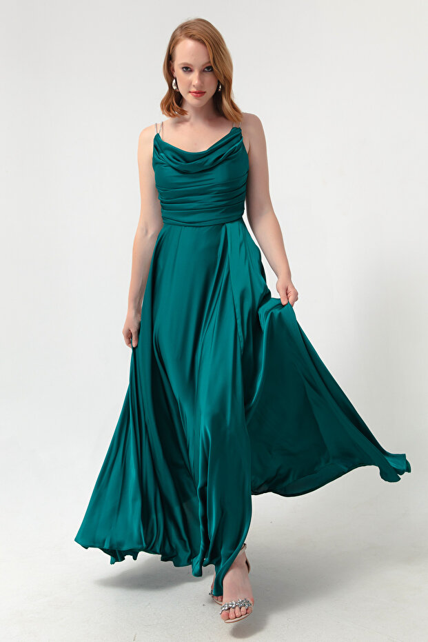 Women's Emerald Green Stone Strap Slit Long Evening Dress