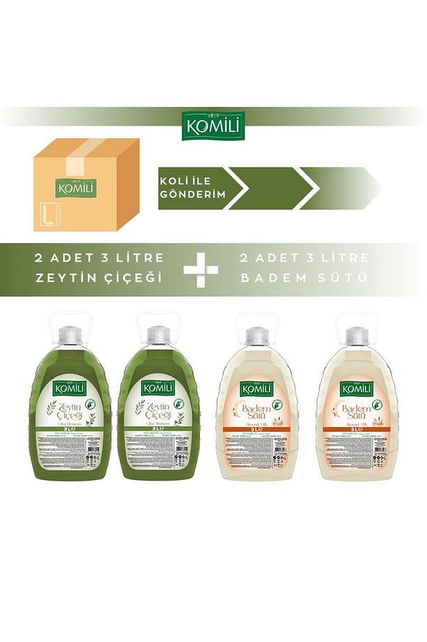 12 Litre Sıvı Sabun 2 ADET Zeytin Çiçeği 3 Litre - 2 ADET Badem Sütü 3 Litre Komili - 1