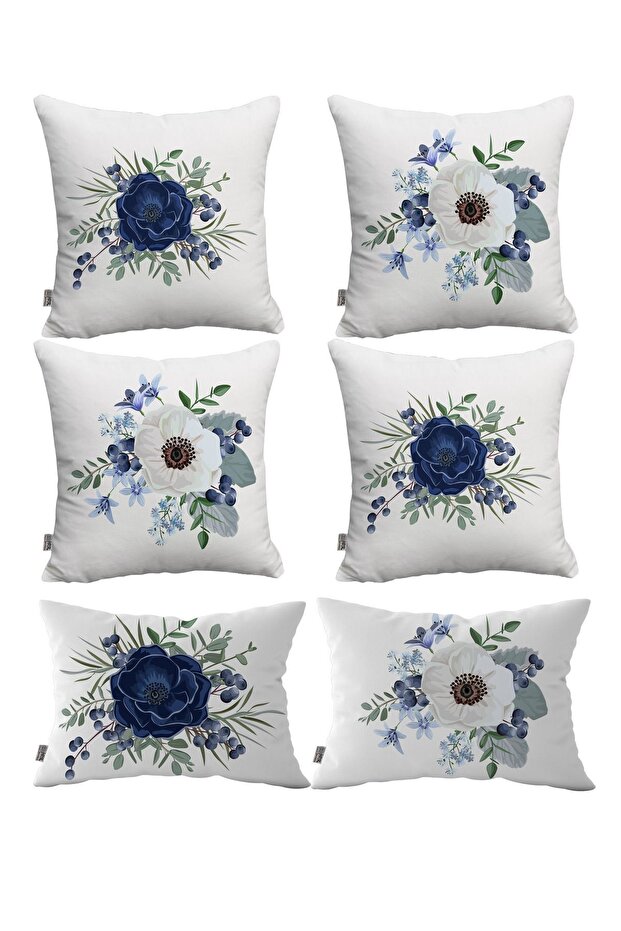 White Blue Floral Patterned 6-Piece Digital Printed Throw Pillow - Pillow Case Set
