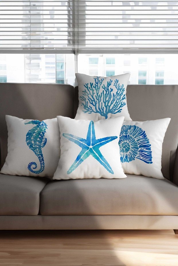 Summer Themed Seahorse and Seaweed Patterned Blue and White Colored 4-Piece Digital Printed Throw Pillow Cases