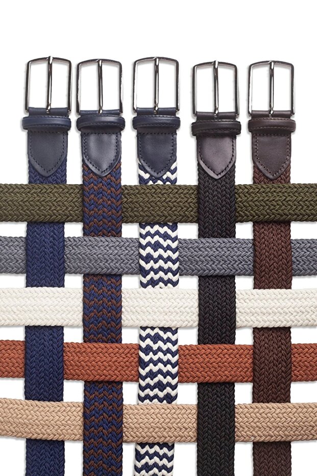 Erkek Lacivert Hakiki Deri Detaylı Elastik Örme Kemer - 5