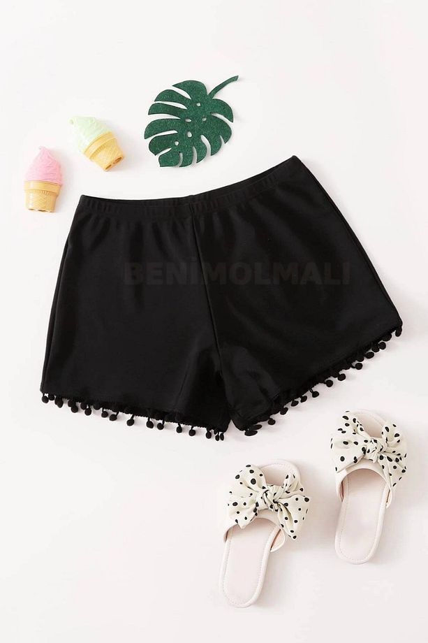 Ponponlu Deniz Şortu Summer Shorts Mikro Kumaş Likralı Şort - 1