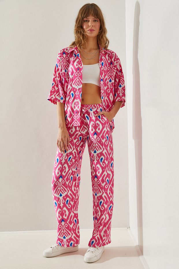 Women's Pink Patterned Modal Printed Palazzo Trousers 5614 Top and Bottom Set 60251369