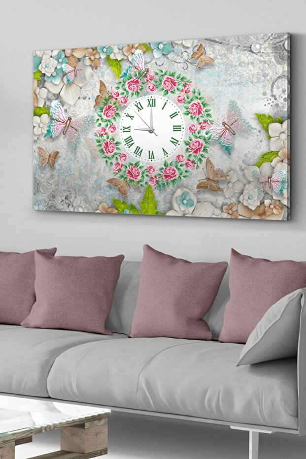 Kelebekler Saatli Kanvas - Canvas Tablo - 1