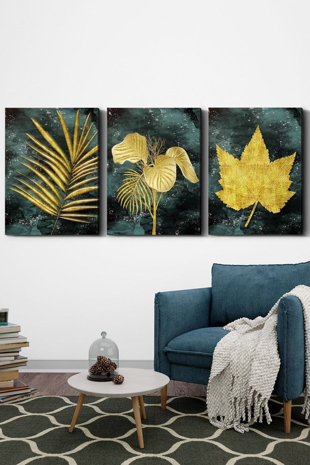 Gold Leaves 3 Piece Canvas - Canvas Painting