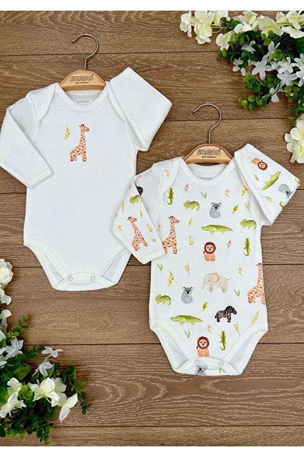 2-Piece Cotton Long Sleeve Baby Bodysuit with Snap Fasteners Giraffe Lion Chameleon