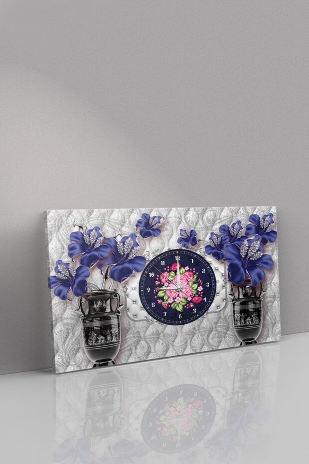Mavi Çiçekler Saatli Kanvas - Canvas Tablo - 2
