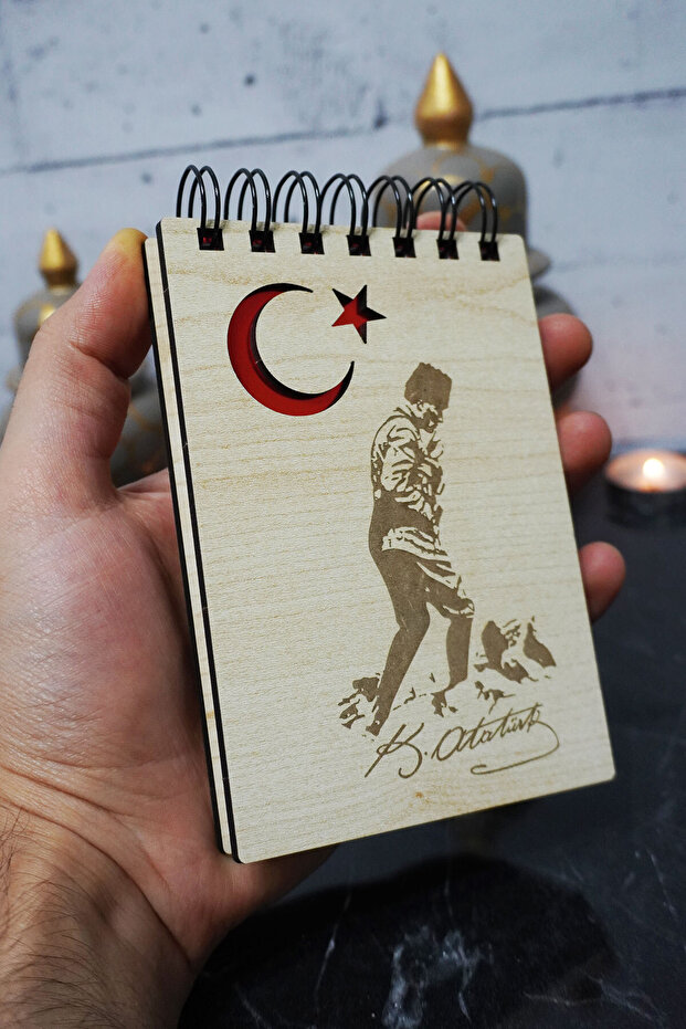 Kemal Atatürk Themed Wooden Cover Notebook - Mini Notebook - Pocket Notebook - My List