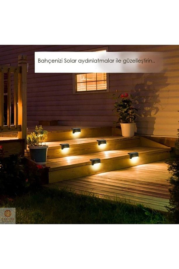 Solar Güneş Enerjili Şarj Edilen Köşebent Merdiven Veranda Bahçe Led Lamba Kahve (4ADET),sarı Işık - 5