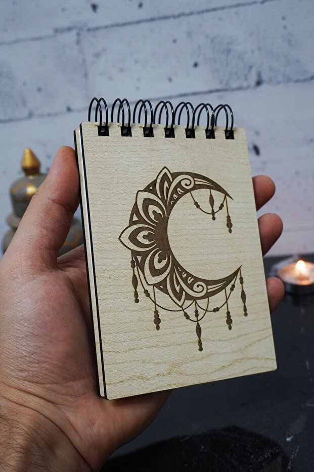 Fancy Moon Themed Wooden Cover Notebook - Mini Notebook - Pocket Notebook - My List
